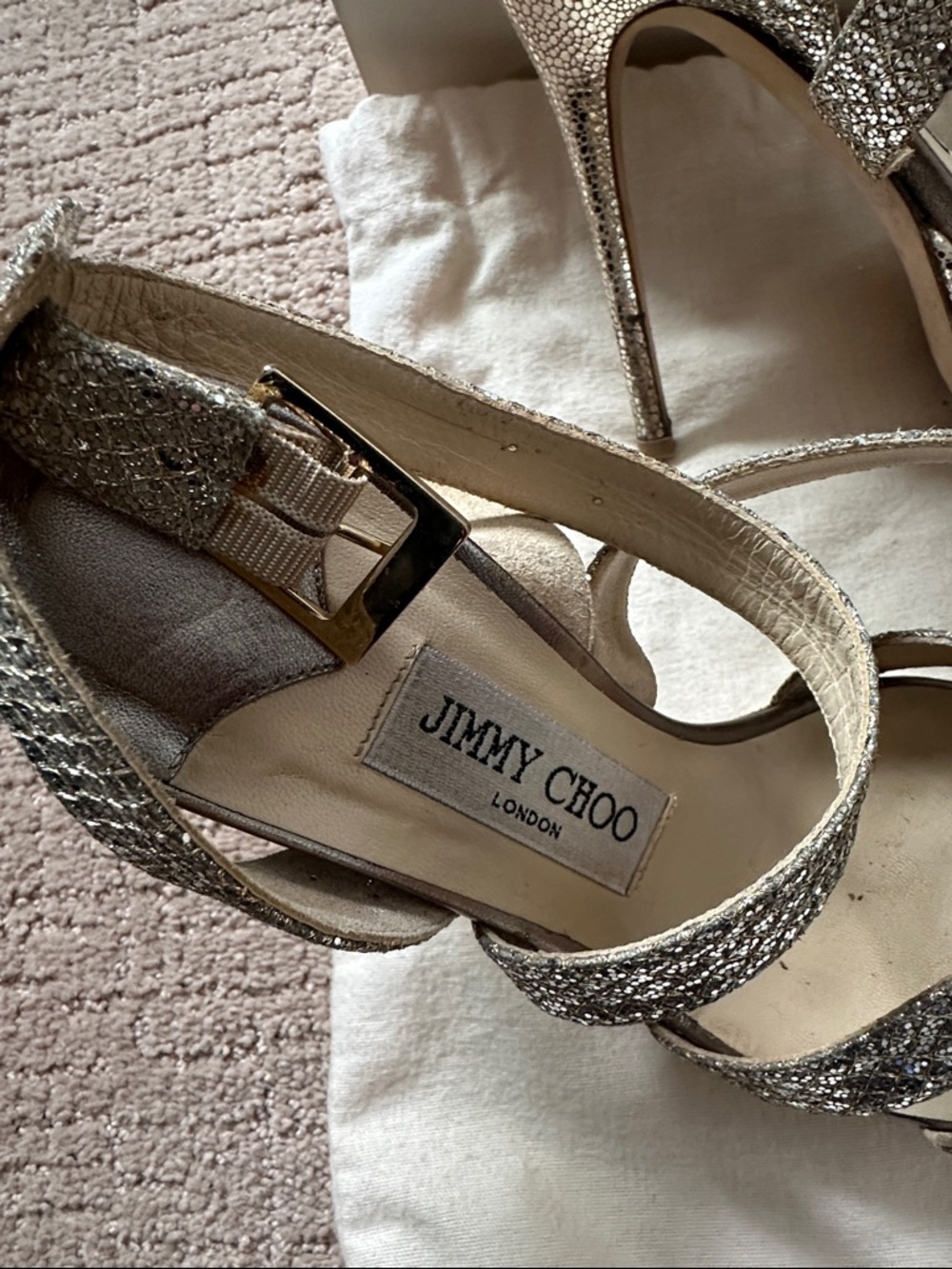 Jimmy Choo Metallic Gold Glitter Strappy Sandals - Picture 3 of 5